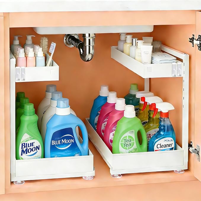Under Sink Organizer, Bathroom Counter Organizer, 2 Pack 2 Tier L-Shape White, Adjustable Height Carbon Steel, Under Cabinet Storage with Pull Out Drawer, Use for Kitchen Bathroom Office Shop Laundry by TATAANTY
