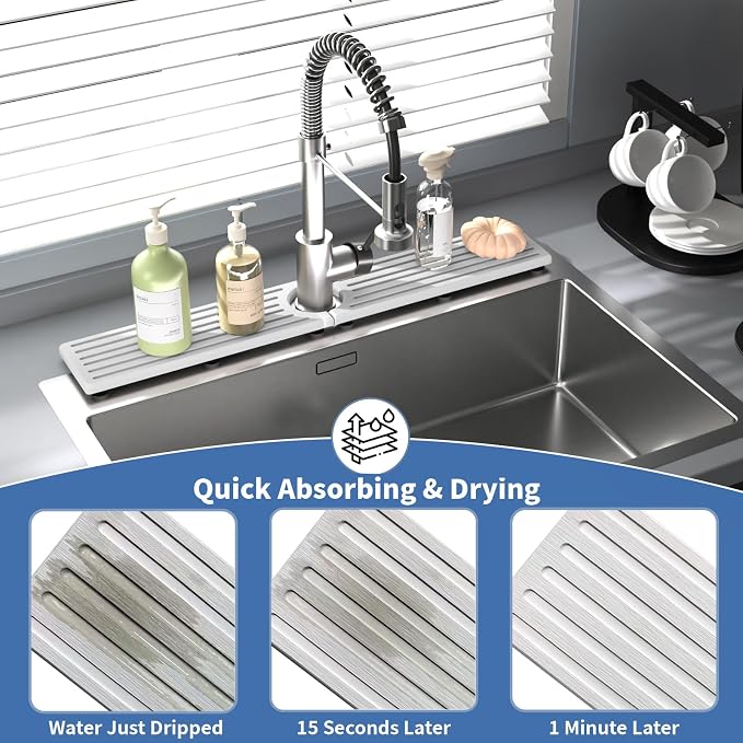 Stone Faucet Mat for Kitchen Sink, Water Absorbing Sink Water Splash Guard, Fast-Drying Kitchen Sink Faucet Mat, Durable Protector and Stone Drying Mat for Kitchen Counter Bathroom Sink - Image 5
