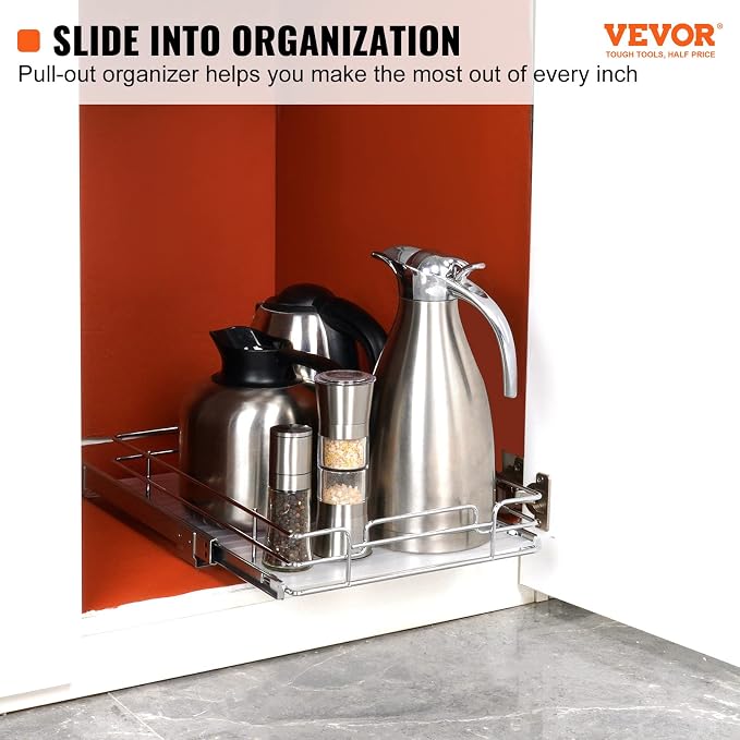 VEVOR 12.5"Wx16.5"Dx3.5"H Pull Out Cabinet Organizer, Heavy Duty Slide Out Pantry Shelves, Chrome-Plated Steel Roll Out Drawers Storage, for Home, Under Sink, 14"Wx17.5"Dx7"H Install Size for Cabinet - Image 2