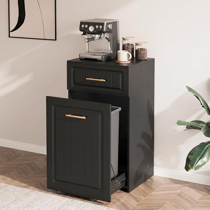 ZIFTY Pull Out Trash Can Cabinet for 13 Gallon Bin, Laundry Hamper, Black | Pet Proof, Freestanding Kitchen Cabinet, Hideaway Drawer, Wooden Garbage Recycling, Modern Farmhouse Waste Bin Furniture - Image 9