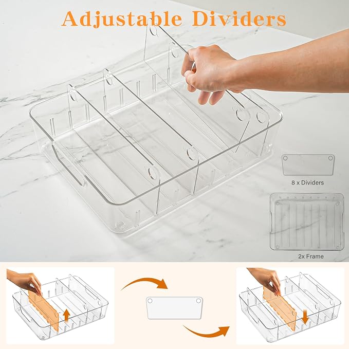 2 PACK Kitchen Cabinet Organizer for Food Contanier Lid, Clear Plastic Lid Holder with Adjustable Dividers for Pantry Organizers and Storage, Lid Storage Organizer for Home Drawer Organization - Image 6