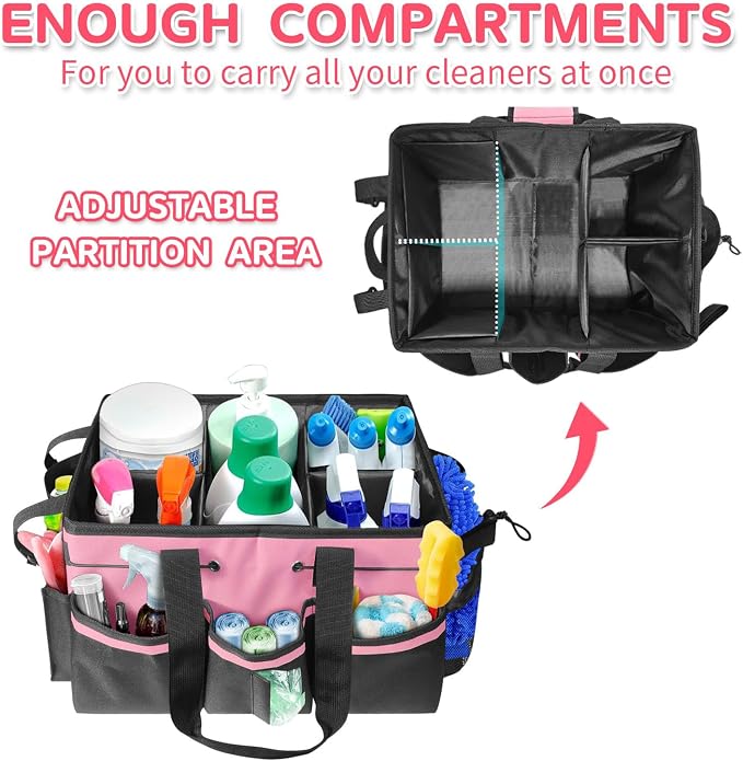 Boczif Cleaning Caddy Bag Wearable,Cleaning Caddy Supplies Organizer(Pink) | with Handle, Shoulder Straps & Detachable Divide, Cleaning Tool Organizers Tote Bag for Cleaners & Housekeepers - Image 3