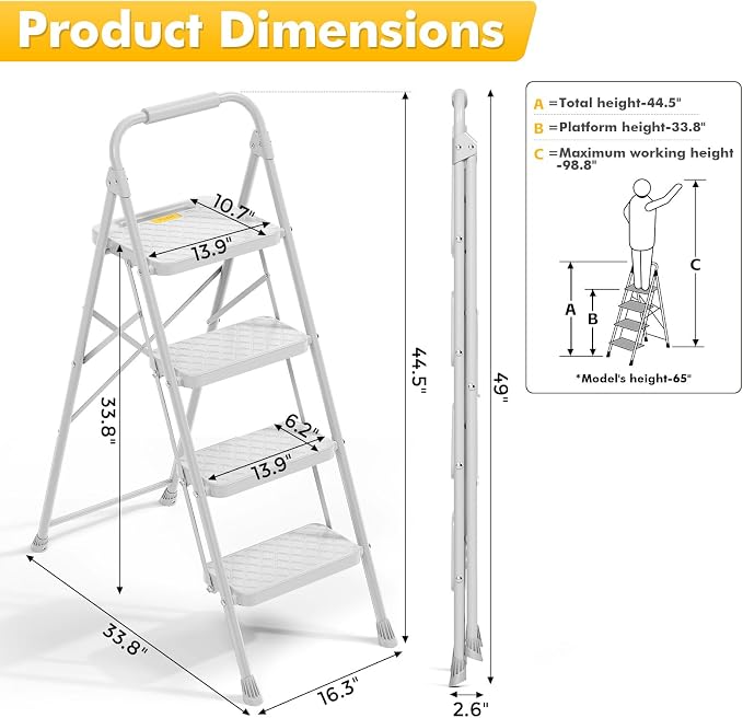 KINGRACK 4 Step Ladder, Folding Step Stool with Safety Lock & Sturdy Anti-Slip Pedals, Pass 800lbs Load Testing, Lightweight, Portable Steel Ladder with Handrails for Home, Kitchen, Garage, Office - Image 6
