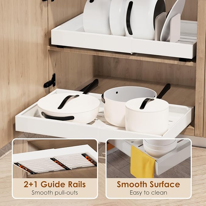 2 Pack Expandable Pull Out Cabinet Organizer 16.5" Deep, Adjustable Width 12.6"-20.5", No Drill Adhesive with Triple Track Rails, Heavy Duty Slide Out Drawers for Kitchen,Pantry,Cabinets,White - Image 5