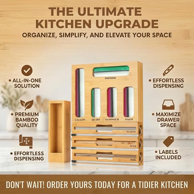 9 in 1 Storage Bag Organizer for Kitchen Drawer, Bamboo Foil and Plastic Wrap with Cutter, Ziplock Bag Organizer for Quart, Gallon, Sandwich & Snack Bags - Aluminum Foil Organizer - Image 6