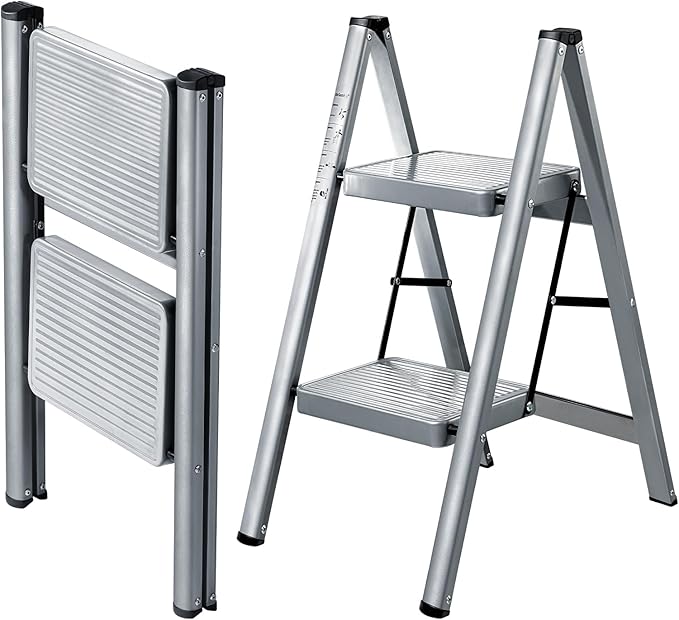 2 Step Ladder, Steel Folding Step Stool with 330lbs Heavy Duty | Anti-Slip Wide Pedal | 1.9" Slim Fold | Ideal for Bathroom Sink, Bed Step Stool, Kitchen Counter & Plant Shelf Display by XinSunho