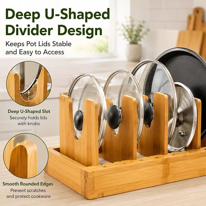 Bamboo Pots and Pans Organizer for Inside Cabinet, Expandable Pot Lid Organizer, Adjustable Kitchen Storage Rack for Lids, Bakeware, Cutting Boards - Image 6