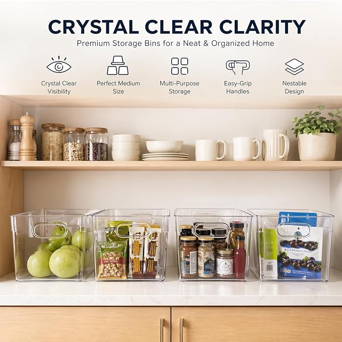 MOONEDGE 6 Pack Clear Organizer Bins 11x8x6in Pantry Organizers and Storage | Clear Containers for Organizing, Plastic Storage Bins with Handles for Drawer, Craft, Fridge, Kitchen Cabinet Shelf - Image 3