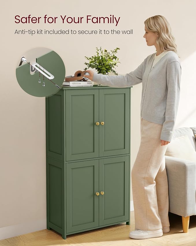 VASAGLE Floor Storage Cabinet, 2 Adjustable Shelves, 4 Doors,42.7" H | Freestanding Organizer Unit, Kitchen, Bathroom, Living Room, Forest Green, SIREN Collection UBBC553CH01 - Image 7