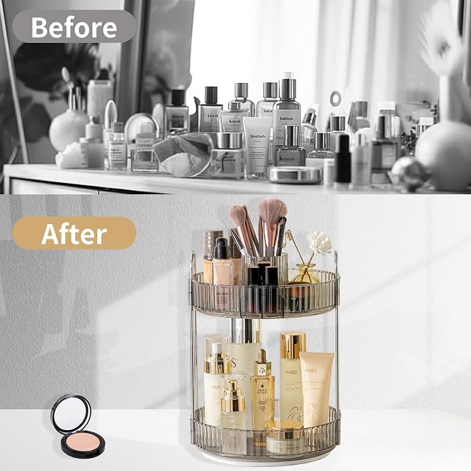 Asayuee 360 Rotating Makeup Organizer,2 Tier Large Capacity Make Up Organizers and Storage,Skincare Perfume Vanity Organizers,Bathroom Cosmetics Storage Organizer Countertop(Grey) - Image 5