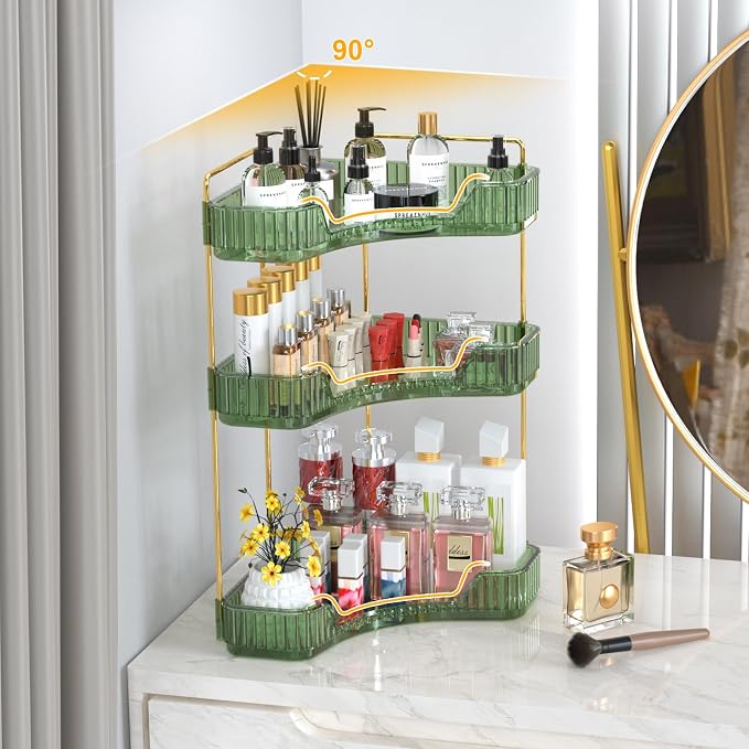 GTI 3-Tier Corner Bathroom Counter Organizer, Large Capacity Makeup Organizer Countertop, Perfume Cosmetics Skincare Vanity Organizers, Exquisite Countertop Storage for Women (Green) - Image 6