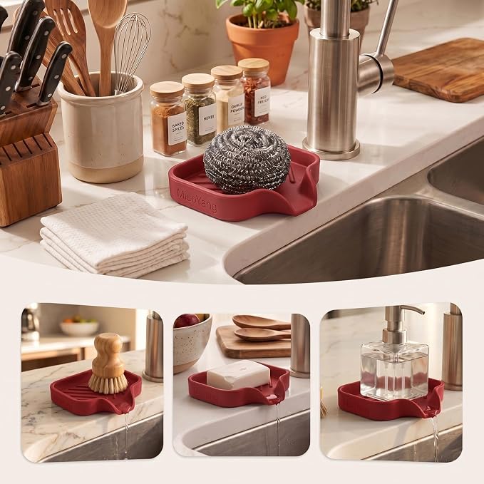 MicoYang Silicone Soap Dish with Drain Spout, Self-Draining Sink Organizer Tray for Bathroom and Kitchen, Sponges, Dispensers and Soap Holder, Non-Slip and Dishwasher Safe, Red (Compact, 4.9"×3.2") - Image 3