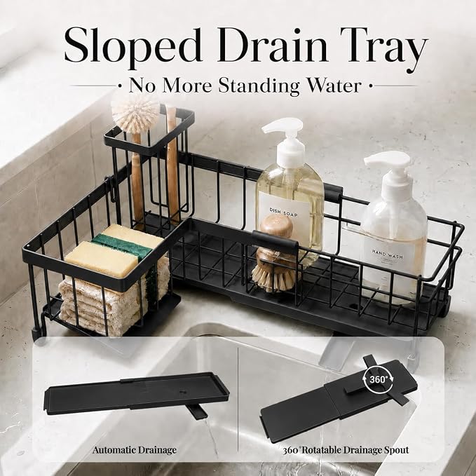 Extendable Corner Sink Sponge Holder, Quick-Drain Caddy for Kitchen Sink, Black - Image 6