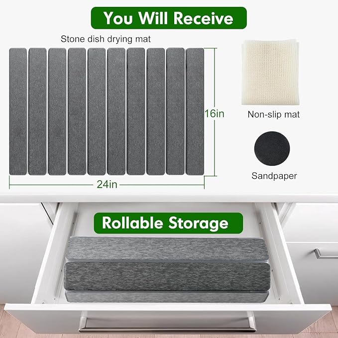 Large Stone Dish Drying Mat for Kitchen Counter, Roll up Pad -Dishes / Rack | Quick dry Fast absorbent sink pads, Diatomaceous earth Material, countertop dryer mats, Matt Finish- Dark Grey - Image 6