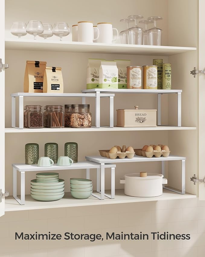 SONGMICS Cabinet Organizer Shelf, Set of 4 Spice Rack, Kitchen Storage | Rounded Wide Mirror with Storage, Cloud White Surface with Cappuccino Beige Lining, AILEAS Collection UJJC046W01S - Image 3