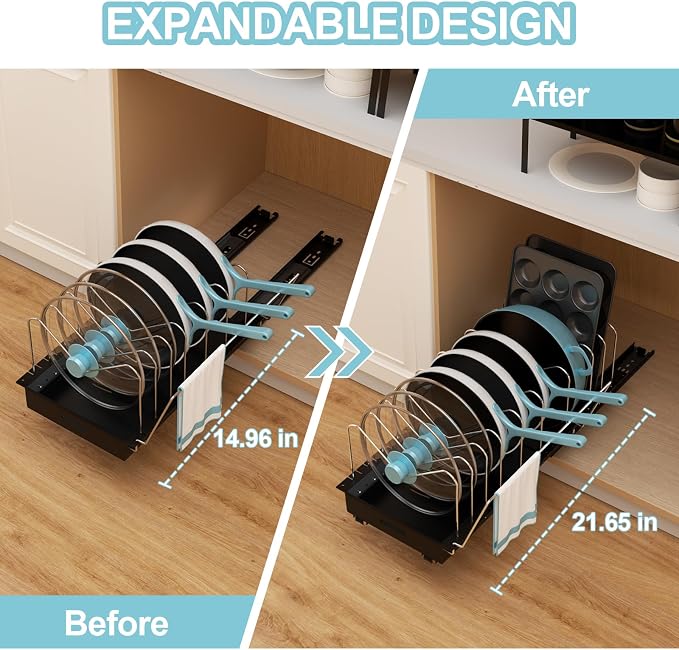 Pots and Pans Organizer Under Cabinet - 22" Deep Expandable | Pot Organizers inside Cabinet with 10 Adjustable Dividers & Handrail, No Drill Pot Lid Holder, Sliding Pot Lid Holder, 1 Pack - Image 2