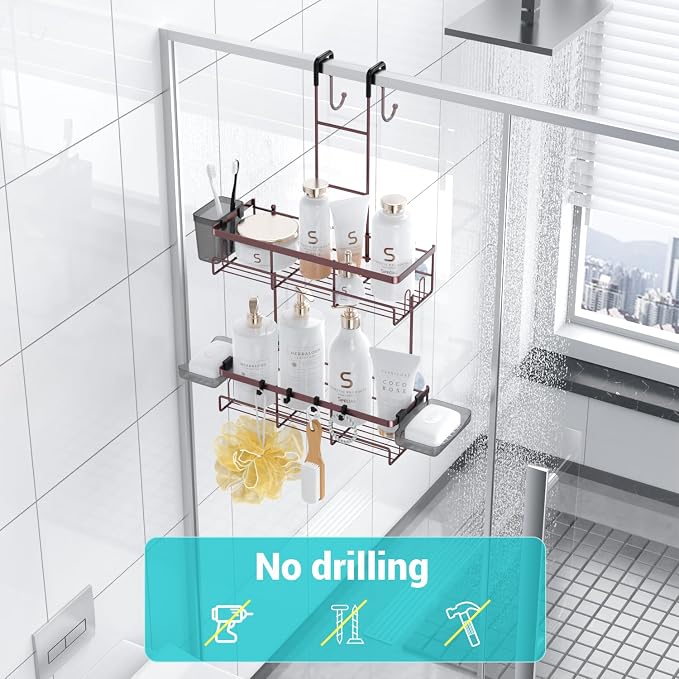 Over the Door Shower Caddy Hanging: No Drill Rustproof Shower Organizer | Includes Hooks & Soap Holders for Shampoo, Conditioner and Bathroom Essentials, Anti-Slip Design for Any Shower Room - Image 4