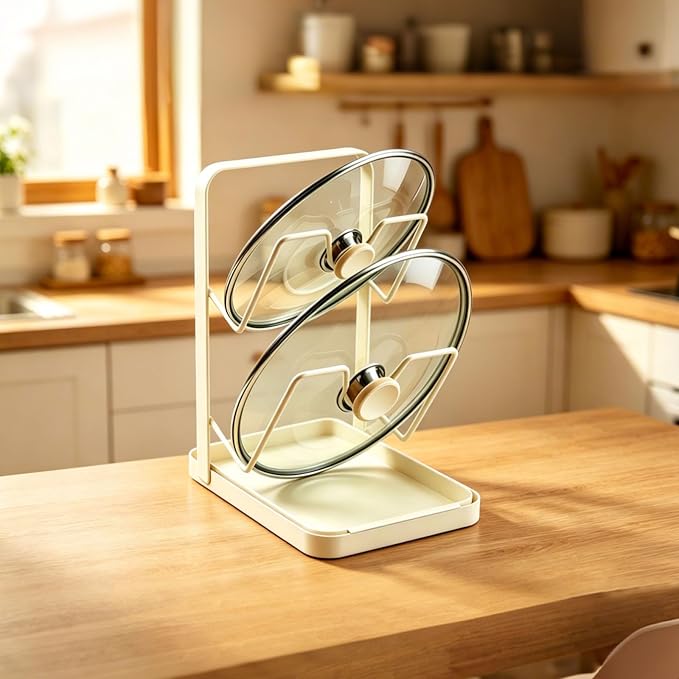 BEEFLYING Pot Lid Holder Organizer for Countertop with Tray, Almond | Holds 2 Pot Lids, 7.17*5.39*8.86In, Carbon Steel for Cooking Stove Top Kitchen Counter Cabinet Blanched - Image 3