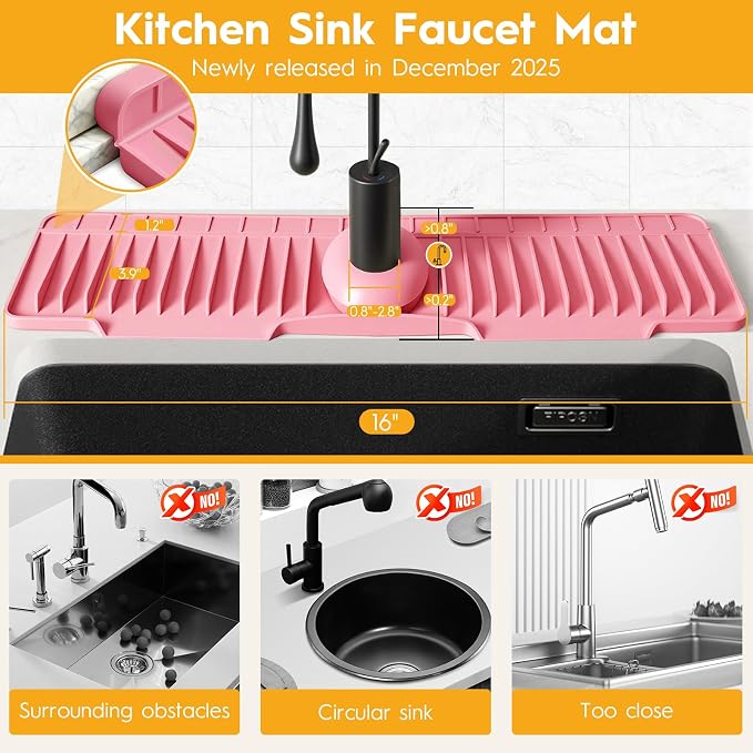 16" Silicone Faucet Mat for Kitchen Sink of The Lastest, Pink | 8° Slope Fast Self-draining, Kitchen Sink Water Splash Guard, Behind Faucet Draining Mat, for Bathroom Kitchen Sink Area - Image 2