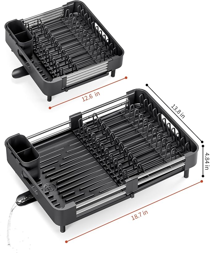 TOOLF Expandable Dish Drying Rack with Cutlery Holder, Standard, Black | Stainless Steel &PP, Extenable 12.6"-18.7"D, Anti-Rust, Auto-Drainage, Space-Saving, Fit for RV, Apartment Sink Countertop - Image 2