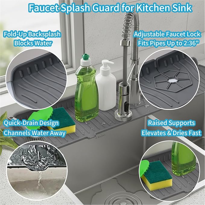Silicone Faucet Handle Drip Catcher Drying Tray Mat Dish Soap Sponge Holder Accessories Gadgets for Kitchen Counter Bathroom Kitchen Sink Splash Guard (Gray, 24") - Image 2