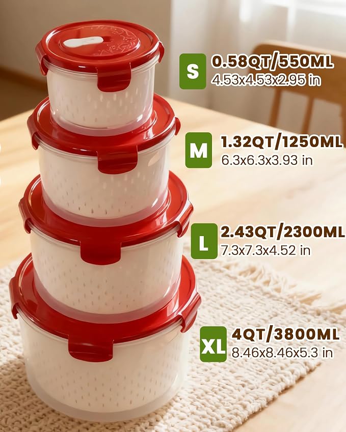 TBMax 8 Pieces Airtight Fruit Storage Containers for Fridge with Air Circulation Vent, 4 Pack Round Produce Saver with Colander for Berry Lettuce Salad Vegetable Storage, Refrigerator Organizers -Red - Image 3