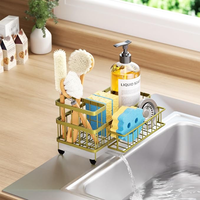 Consumest Sponge Holder for Kitchen Sink - Auto Draining Sink Caddy Organizer with Detachable Rack, High Brush Holder, Kitchen Countertop Storage Accessories, Light Gold - Image 8