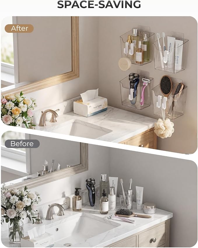 Wall Mount Organizer, 8 Hooks and 6 Pack Cabinet Door Storage Bins, Space-Saving Adhesive Bathroom Wall Organizer, Clear Wall Storage for Office, Cabinet, Pantry, Kitchen, Makeup - Image 7