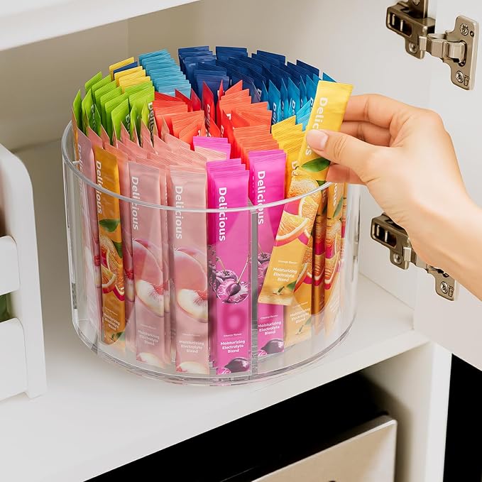 2-Pack Divided Drink Packet Organizer, Rotating Turntable Organizer | Spinning Powdered Drink Mix Holder, Clear Lazy Susan Turntable, Divided Water Drink Packet Storage Organizer - Image 2