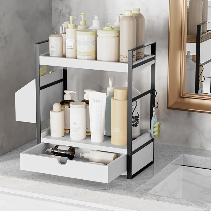 2-Tier Bathroom Counter Organizer, Wooden Vanity Shelf with Drawer & Basket | Pre-Drilled Holes, Skincare & Makeup Countertop Organizer and storage, White - Image 6
