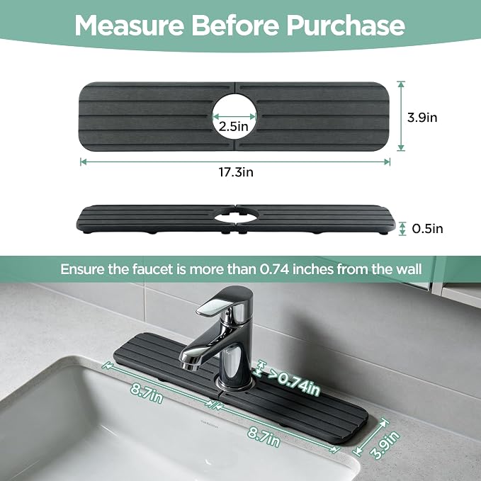 NiuYichee Faucet Mat for Kitchen Sink, Water Absorbing Diatomite Stone Tray | 17.3" x 3.9" Sink Coaster for Bathroom Counter, Stone Drying Mat, Sink Splash Guard, Fast Drying-Prevent Moisture, Dark Gray - Image 3