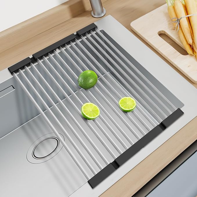 GAViA Roll Up Dish Drying Rack, Foldable Over The Sink Dish Drying Rack | 17.3" x 13", Non-Slip,Heat-Resistant, Anti-Rust,Stainless Steel Sink Drying Mat,Dish Drainer,Sink Cover, All-in-one, Black by gaviallc