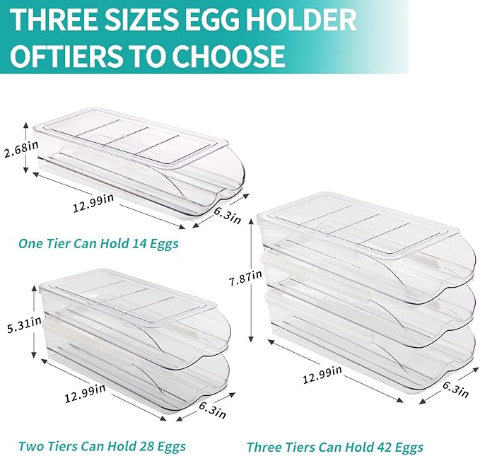 RoskDeewat Egg Holder for Fridge, Automatic Rolling Egg Container -1 Tier | Stackable Fridge Organizers and Storage with Lid, Sturdy Clear Plastic Egg Dispenser & Tray for Refrigerator - Image 7