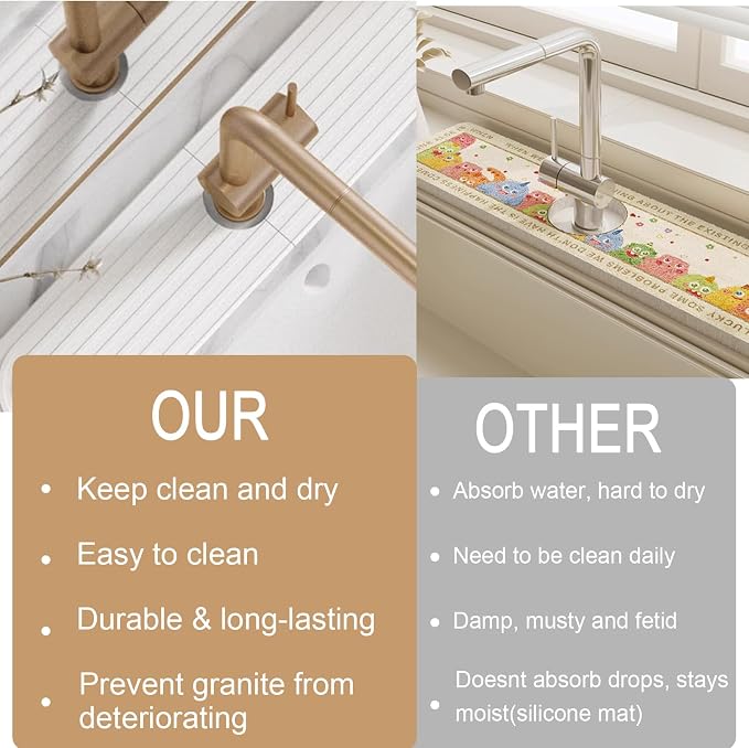Jiozermi 23.6" Diatomite Faucet Mat for Kitchen Sink, White | Diatomite Stone Sink Tray, Faucet Sink Splash Guard, Absorbent Mat, For Kitchen Bathroom Faucet Sink, 23.6" x 3.9" - Image 5