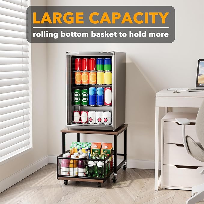 SpaceAid Mini Fridge Stand with Storage, 19.7" W x 19.7" D Heavy Duty Mobile Refrigerator Shelf Stand Table with Wheels, Fridge Cart Organizer with Drawer Basket for Home Dorm Office (Brown Wood) - Image 5