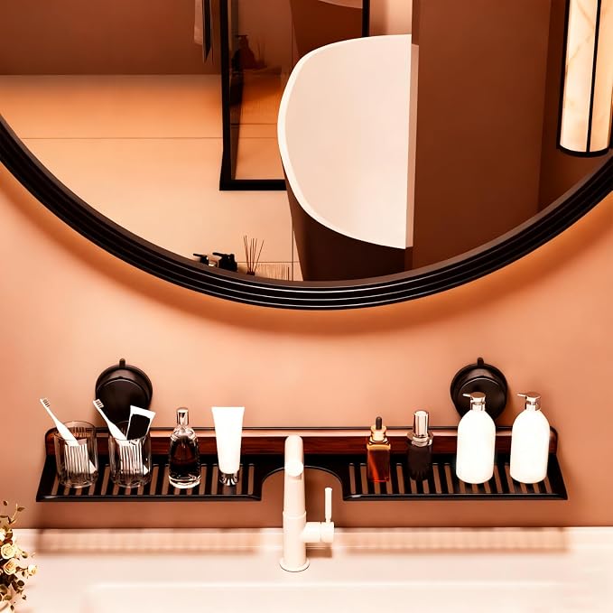 Bathroom Sink Shelf Over Faucet, No Drill, 16 Inch, Black | No-drill bathroom sink organizer shelf with suction cups and drainage holes for toothbrushes, soap, and sink essentials. - Image 5