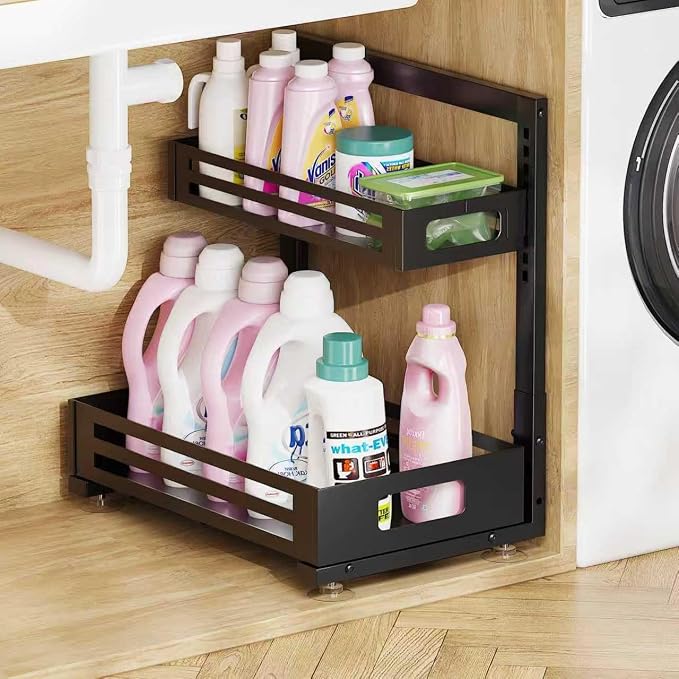 1 Pack Under Sink Organizer,Pull Out Cabinet Organizer with Smooth Cylindrical Rail,Metal Slide Out Drawer for Kitchen Bathroom Laundry Cabinet,8-Level Tool Free Height Adjustable-Black by UnderSinkOrganizer