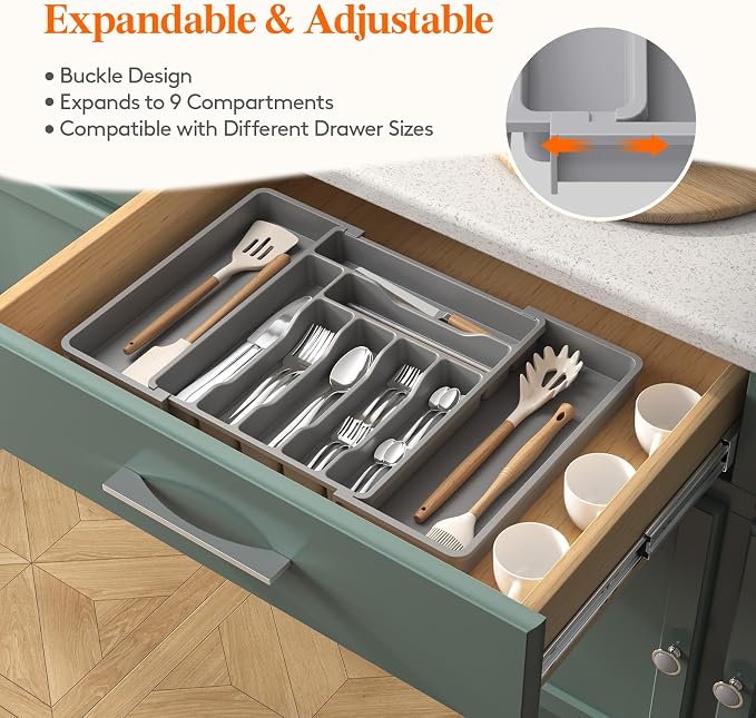 Lifewit Utensil Organizer for Kitchen Drawer, Expandable Cooking Silverware Tray, Adjustable Cutlery Flatware Holder, Plastic Spatula Tools Storage Divider, 13-22.4 x 15", Gray - Image 4