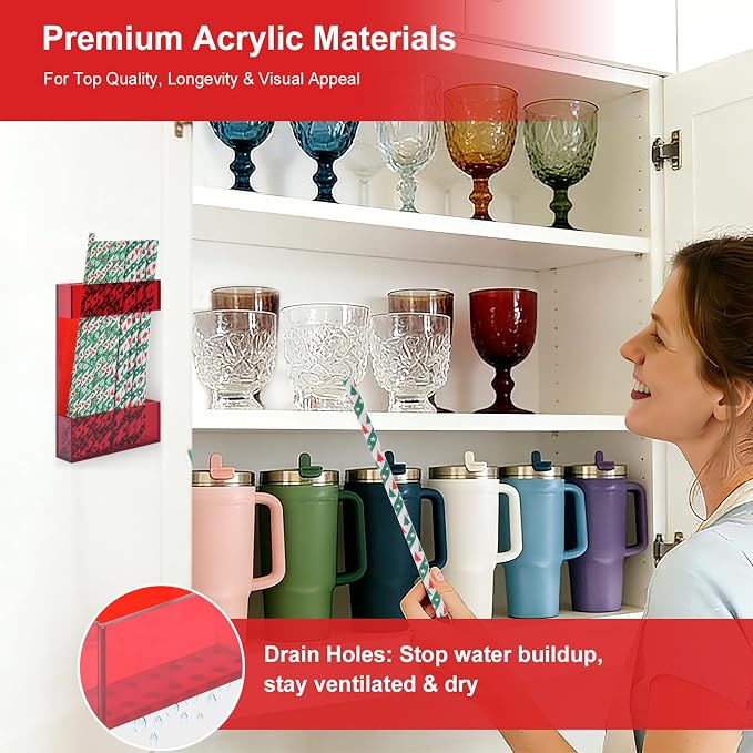 2 PACK Small Acrylic Straw Holder for Cabinet Doors，Straw Organizer Storage with Most Sizes，Multi-Function Kitchen Accessories Container with Adhesive Round Pads(RED) - Image 3