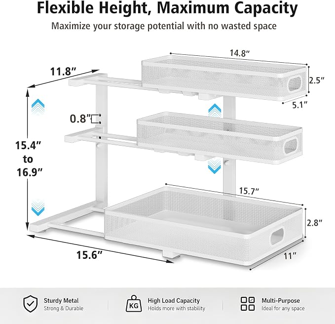 Under Sink Organizer, 3 Tier Pull Out Cabinet Organizer with 5 Adjustable Heights, Metal Under Sink Storage with Sliding Drawers for Kitchen, Bathroom, Pantry and Laundry Room, 2-Pack White - Image 3