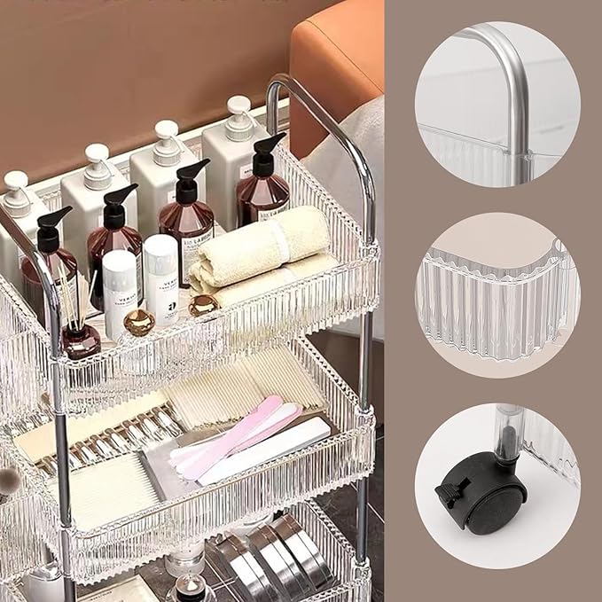 4 Tiers Rolling Storage Cart with Hanging Basket Acrylic Organizer | Acrylic Rolling Cart with Hanging Basket and Lockable Wheels, Ideal for Home, Office, Kitchen and Bathroom Storage - Image 3