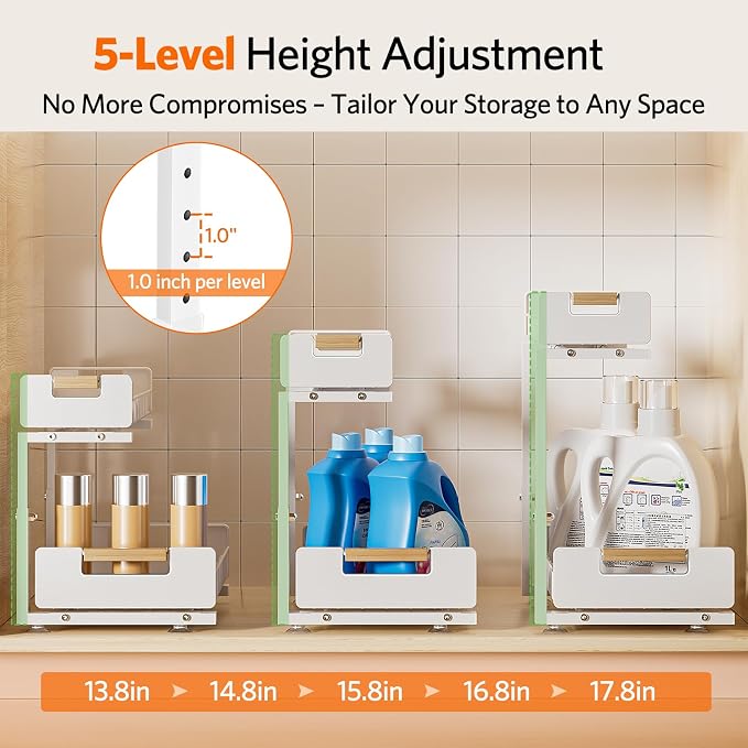 Delamu Under Sink Organizer Kitchen, 2-Tier Pull-Out Cabinet Shelf, 2-Pack | 2-Tier Smooth Slide, 5 Adjustable Heights, Anti-Tip Suction Cups, Sturdy Metal, For Kitchen Bathroom Pantry Laundry, White - Image 4