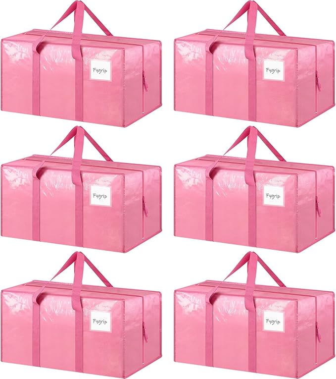 6 Pack Extra Heavy Duty Large Moving Bags with Strong Zipper, Pink | Comfortable Handles, Sturdy & Durable Clothes Storage Bags Totes Bins, Blue Packing Moving Boxes for College Supplies by Fygrip