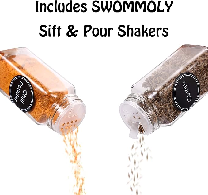 SWOMMOLY Spice Rack Organizer with 72 Spice Jars 4 oz, 396 Spice Labels | Chalk Marker, Funnel Set, Spice Organizer for Countertop, Pantry, Cabinet, Cupboard & Wall Mount, 22.2" W × 16.5" H, Black - Image 6