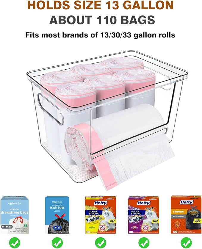 Trash Bag Dispenser 2 Pack - Under Sink Organizer, Plastic Bag Holder | Stackable Acrylic Garbage Bag Storage with Bamboo Lid for Kitchen Cabinet, 13/30/33 Gallon Grocery Bag Dispenser - Image 7