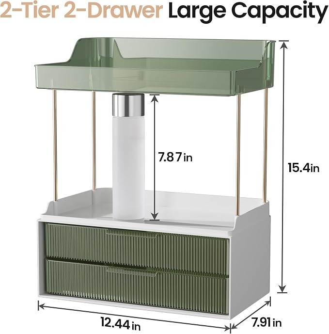 Delamu 4-Tier Makeup Organizer, Bathroom Counter Storage, 2 Drawers,Green | Elegant Vanity Organizer Gift for Women, Holds Perfume, Skincare, Nail Polish & Hair Accessories for Bathroom Countertop - Image 2