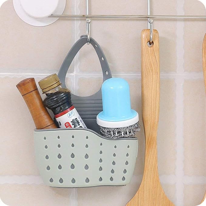 EC ELEGANTCHARM Kitchen Sink Caddy Sponge Holder Silicone Plastic Soap Holder Hanging Ajustable Strap Faucet Caddy with Drain Holes for Drying - Image 5