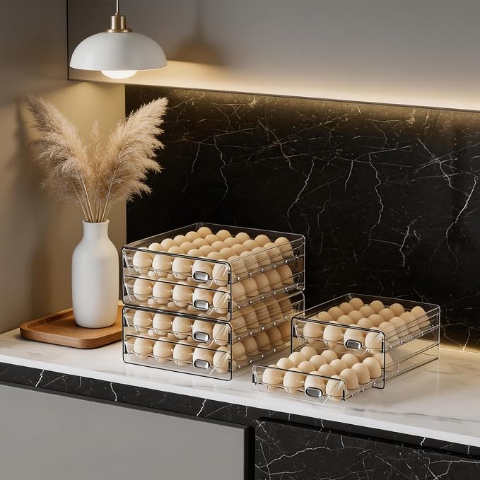 HIYOHIYO 2-Tier Clear 24 Grid Egg Container for Refrigerator, With Drawers | Large Capacity, with Time Scale Marking, Stackable, Sturdy Eggs Storage for Fridge and Countertop - Image 8