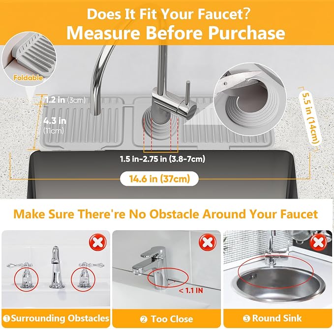 14.6 inch Faucet Mat for Kitchen Sink Splash Guard[7° Slope Fast Self-draining][Snap Lock Fit]Kitchen Sink Faucet Mat Splash Guard Kitchen Sink Area Water Splash Guard Behind Faucet Draining Mat - Image 2