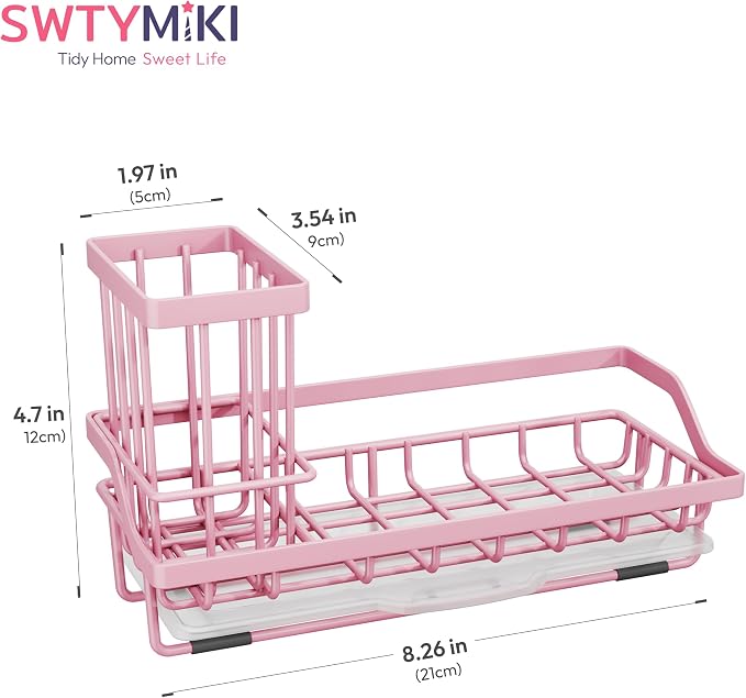 SWTYMIKI Sink Caddy Sponge Holder - Kitchen Sink Organizer with High Brush Holder for Countertop to Hold Dish Soaps and Sponges, Stainless Steel, Pink - Image 7